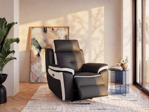 Vente-unique Elektrische relaxfauteuil van leer ANGELIQUE - Zwart/ wit
