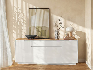 Vente-unique Buffetkast AMANI - 4 deuren en 1 lade - Witgelakt mdf - Kleuren: wit en eiken