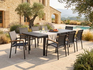 Vente-unique Tuineetset NAURU van aluminium: een uitschuifbare tafel 180/240 cm en 8 stapelbare fauteuils - Antraciet