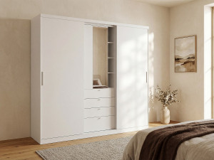 Vente-unique Kledingkast - Schuifdeuren - Spiegel en lades - L 240 cm - Wit - BODIL