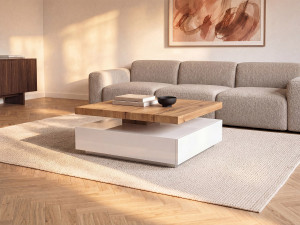 Vente-unique Salontafel KYRIA - 1 lade & draaiblad - MDF - Kleur: Wit & eik