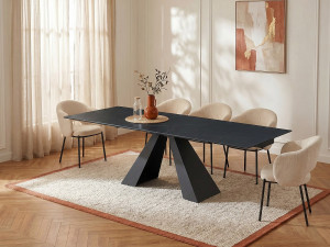 Unique Mesa extensible de comedor para de 6 a 10 comensales en vidrio templado, cerámica y metal - Efecto mármol negro - LOZIPA de Pascal MORABITO