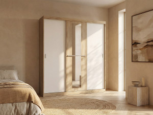 Vente-unique Kledingkast - 3 schuifdeuren - Met spiegel - L205cm - Naturel en beige - DIDDA II