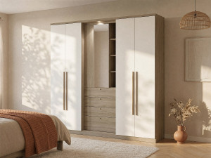 Vente-unique Kledingkast ISAK - 4 deuren - Spiegel en laden - L240 cm - Eiken en ivoorkleur