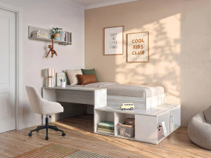 Vente-unique Combinatiebed 90 x 200 cm met opbergruimte en bureau - Kleur: grijzige houtlook en wit - RIGALI