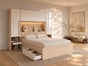 Vente-unique Bed met bedbrug 140 x 190 cm met opbergruimte - Met ledverlichting - Kleur: naturel en glanzend wit + bedbodem + matras - VELONA