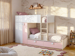 Vente-unique Stapelbed JUANITO met ingebouwde kast en opbergruimte - 2x90x190cm - Wit, eiken en roze