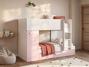 Vente-unique Stapelbed met slaaplade en opbergruimtes 3 x 90 x 190 cm - Wit, naturel en roze - ANTHONY