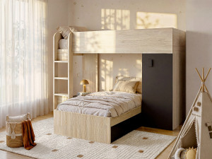 Vente-unique Omkeerbare hoekstapelbed RICARDO - 2 x 90x190cm - opbergruimte - Grijs en Antraciet + matras