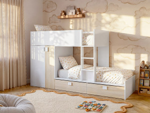 Vente-unique Stapelbed - Ingebouwde kast - 2x90x190cm - Wit en eiken + matras - JUANITO