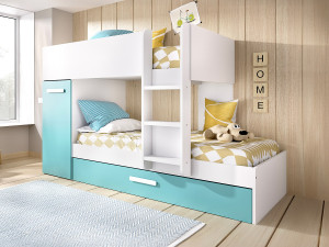 Vente-unique Stapelbed met slaaplade en opbergruimtes 3 x 90 x 190 cm - Wit, naturel en blauw - Met matras - ANTHONY
