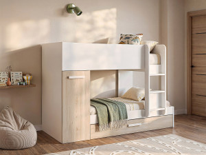 Vente-unique Stapelbed met onderschuifbed ANTHONY met opbergruimte 3x90x190cm - Kleuren: Wit en eik + Matras