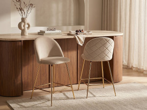 Vente-unique Set van 2 barkrukken MELBOURNE - Fluweel en goudkleurig metaal - Beige