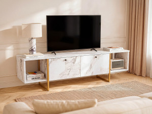 Vente-unique Tv-meubel met 2 deuren en 2 planken - Wit marmereffect en goudkleurig - DERANA