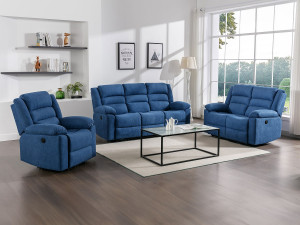 Vente-unique Elektrische driezits- en tweezits-relaxbank en -fauteuil van blauwe stoffen bekleding BUROLO