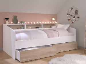 Vente-unique Bed 90 x 190/200 cm met opbergruimte - Wit en naturel - PAULETTE