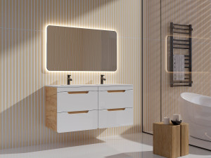 Unique Mueble de baño suspendido con lavabo encastrable - Color natural y blanco - 120 cm - ARUBA