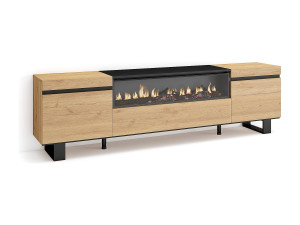 Skraut Home TV-Meubel, Lowboard, 200x35x57cm, Voor tv's tot 80", Elektrische haard, Industrieel design, Eiken/Zwart