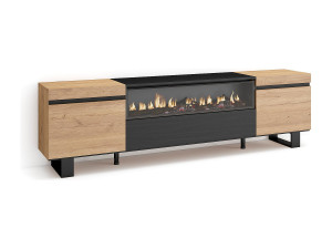 Skraut Home TV-Meubel, Lowboard, 200x35x57cm, Voor tv's tot 80", Elektrische haard, Industrieel design, Eiken/Zwart