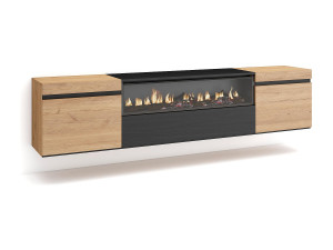 Skraut Home TV-Meubel, Lowboard, 200x35x45cm, Voor tv's tot 80", Elektrische haard, Hangend, Eiken/Zwart