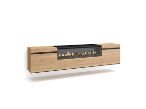 Skraut Home Móvel de TV, 200x35x45cm, Para televisores até 80", Lareira eléctrica, Suspensos, Carvahlo e preto
