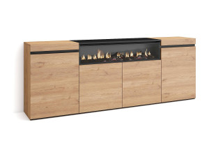 Skraut Home Dressoir, Opbergkast, 200x35x75cm, 4 Deuren, Elektrische haard, Eiken/Zwart