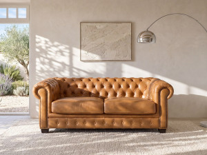 Vente-unique Chesterfield 3-zitsbank BRENTON 100% buffelleer - Vintage caramel