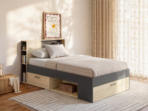 Vente-unique Bed met hoofdeinde, opbergruimte en lades - 90 x 190 cm - Eiken en naturel + Bedbodem en matras - LEANDRE