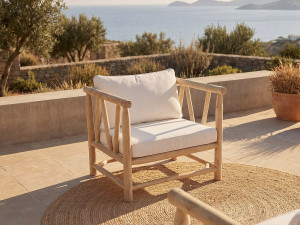 Vente-unique Tuinstoel van teakhout met kussens - Licht naturel en wit - TULUM