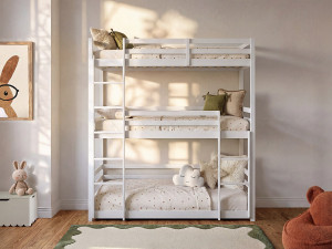 Vente-unique Driedubbel stapelbed -  3 x 90 x 200 cm - Dennen - Wit - VAGAR