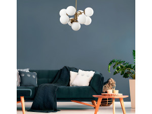 Vente-unique Metalen hanglamp MUDONI - 9 bollen - H80 cm - Wit en goudkleurig