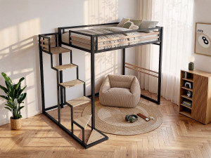 Vente-unique Hoogslaper 140 x 200 cm - Metaal en MDF - Zwart en naturel - JOGUI