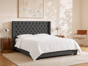 Unique Cama 200 x 200 cm con cabecero capitoné - Tela - Gris - MASSIMO