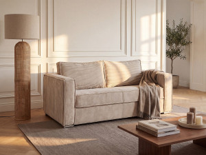 Vente-unique Driezitsslaapbank express van beige ribfluweel - Slaapoppervlak 140 cm - Matras 14 cm LORETO