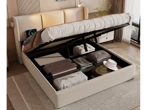 ModernLuxe Opbergbed 140x200cm in linnenstof - met leeslampjes en USB-oplaadpoorten - met lattenbodem - Beige