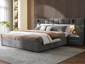 ModernLuxe Cama de arrumação em veludo - 180x200cm - com LED e porta de carga - Cinzento (mesa de cabeceira não incluída)