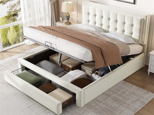 ModernLuxe Gewatteerd opbergbed 180x200cm in fluweel - met lade en lattenbodem - Beige (zonder matras)