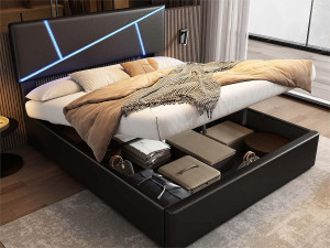 ModernLuxe Opbergbed 140x200cm in kunstleer - met LED en lattenbodem - Zwart