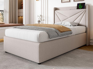 ModernLuxe Opbergbed 90x200cm linnen stof - met USB-poort en lattenbodem - Beige