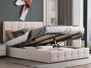 ModernLuxe Gestoffeerd opbergbed - 140x200cm - fluwelen stof - verstelbaar blokpatroon hoofdeinde - Crème