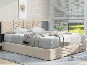 ModernLuxe Fluwelen opbergbed met lattenbodem + verstelbaar hoofdeinde - 140x200cm - Beige