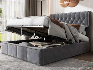 ModernLuxe Fluwelen gestoffeerd opbergbed - versierd met klinknagels - met lattenbodem - 180x200cm - Grijs