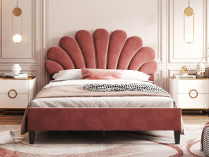 ModernLuxe Tweepersoonsbed bekleed met fluweel - 140x200cm - bloemvormig hoofdeinde - met lattenbodem - Rood