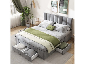 ModernLuxe Volwassen bed bekleed met fluweel 140x200cm met 4 laden + verstelbaar hoofdeinde + lattenbodem - Grijs