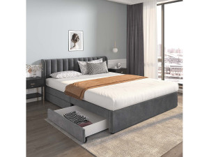 ModernLuxe Bed van 180x200cm met 2 laden - bekleed met fluweel - moderne stijl - Grijs