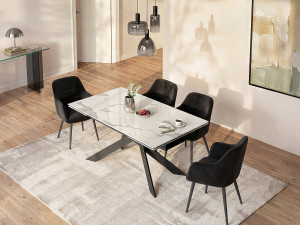 Vente-unique Verlengbare eettafel 6 tot 10 plaatsen van keramiek en metaal - Wit marmereffect en antraciet - COREMA van Pascal MORABITO