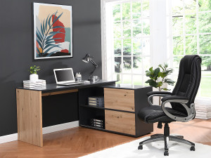 Vente-unique Hoekbureau met 2 schuifdeuren - Mdf - Naturel en zwart - COLIOBA