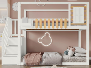 ModernLuxe Stapelbed massief hout 90x200cm - MDF - met opbergtrap - Wit