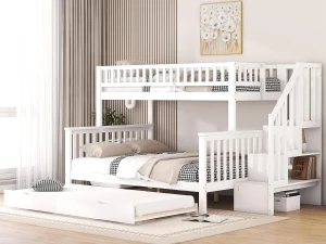 ModernLuxe Beliche em madeira - 2x90x200cm + 140x200cm - com escada de arrumação - Branco