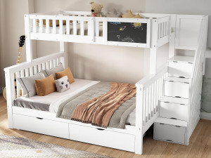 ModernLuxe Massief grenen stapelbed met lades en opbergtrap - 90x200cm + 140x200cm - Wit